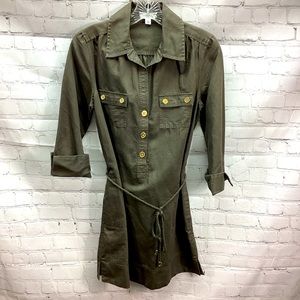 NWOT Calvin Klein Linen Blend Dress Khaki Green Brown Size Small Belted Pockets